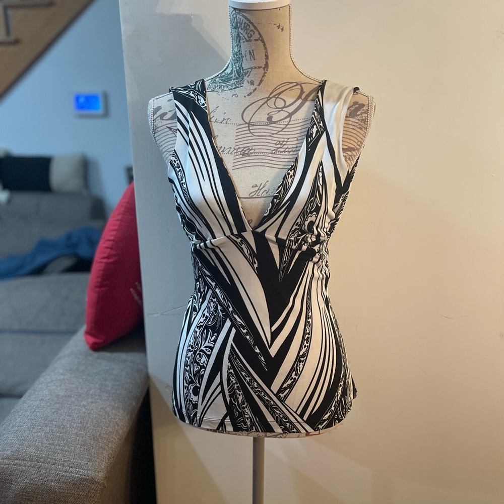 Just Cavalli Black and White V-Neck Graphic Sleeveless Tank